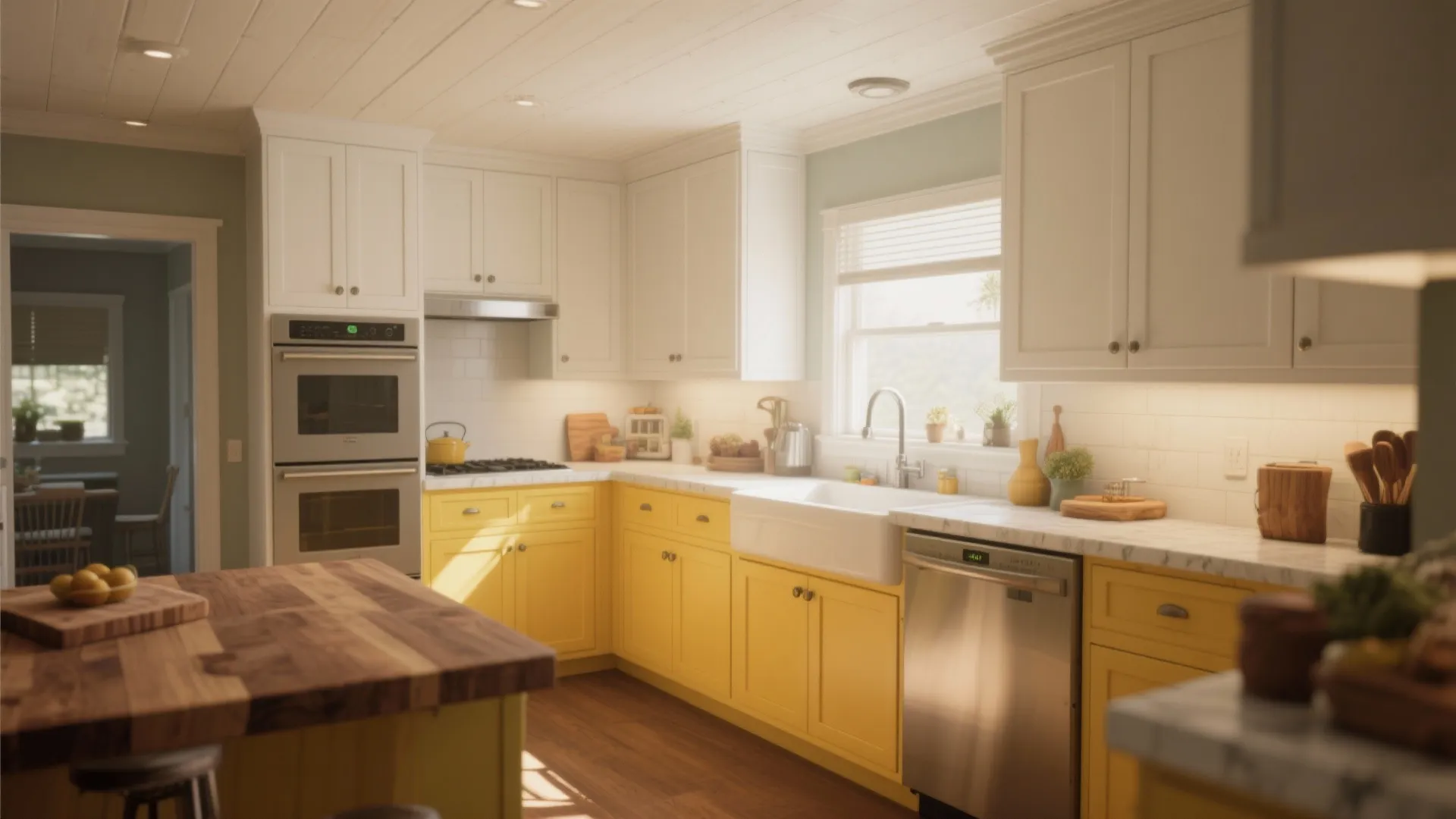 3. Two-Tone Cabinets: Yellow Lower, White Upper