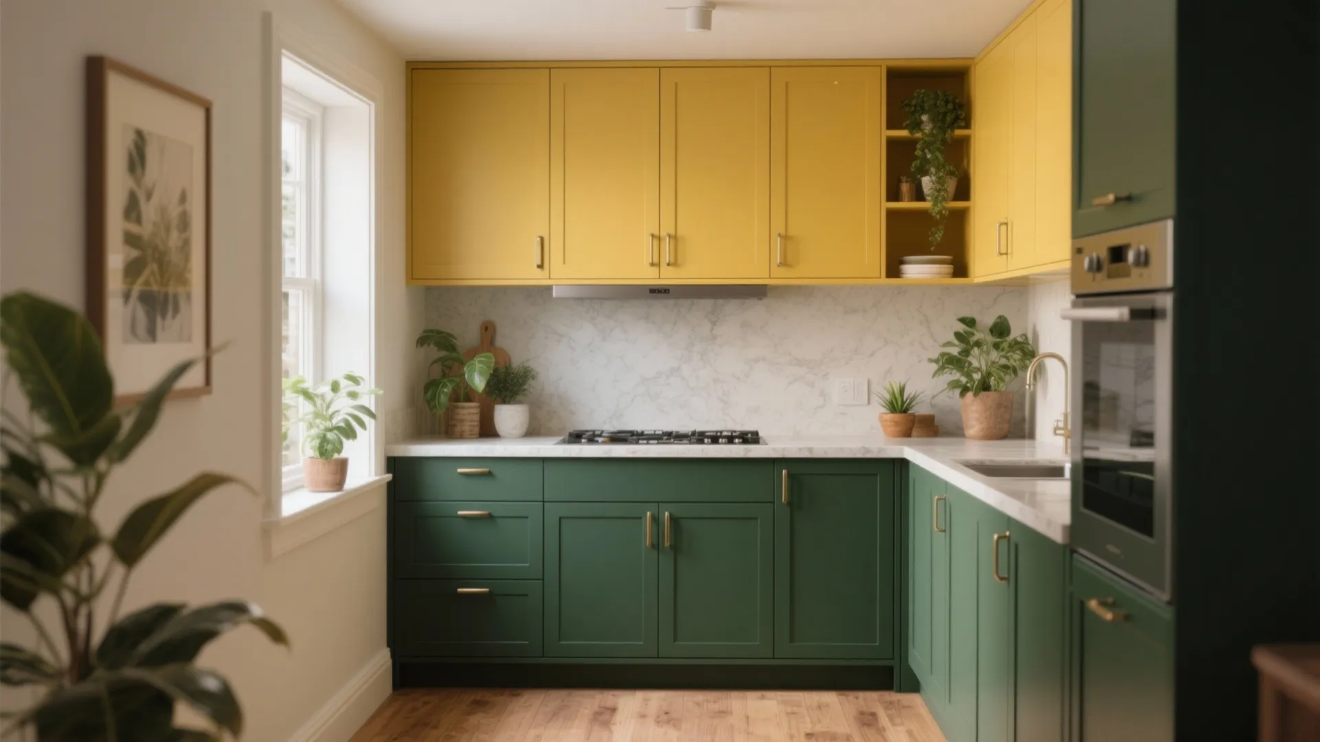 Modern kitchen with green lower cabinets yellow upper cabinets marble backsplash wooden floor and plants