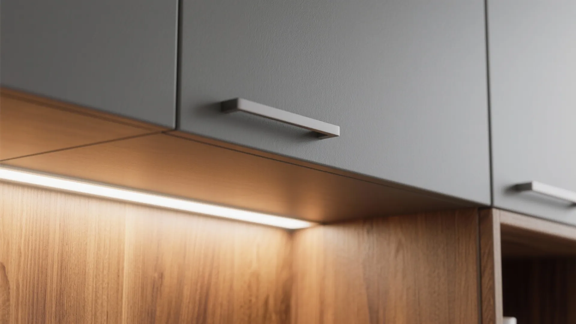 Close up of grey kitchen cabinet door with metal handle and warm light under cabinet