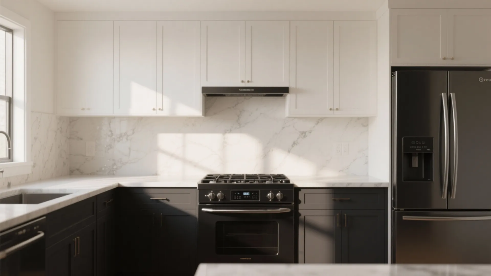 Modern kitchen with white upper cabinets black lower cabinets marble backsplash and black fridge freezer