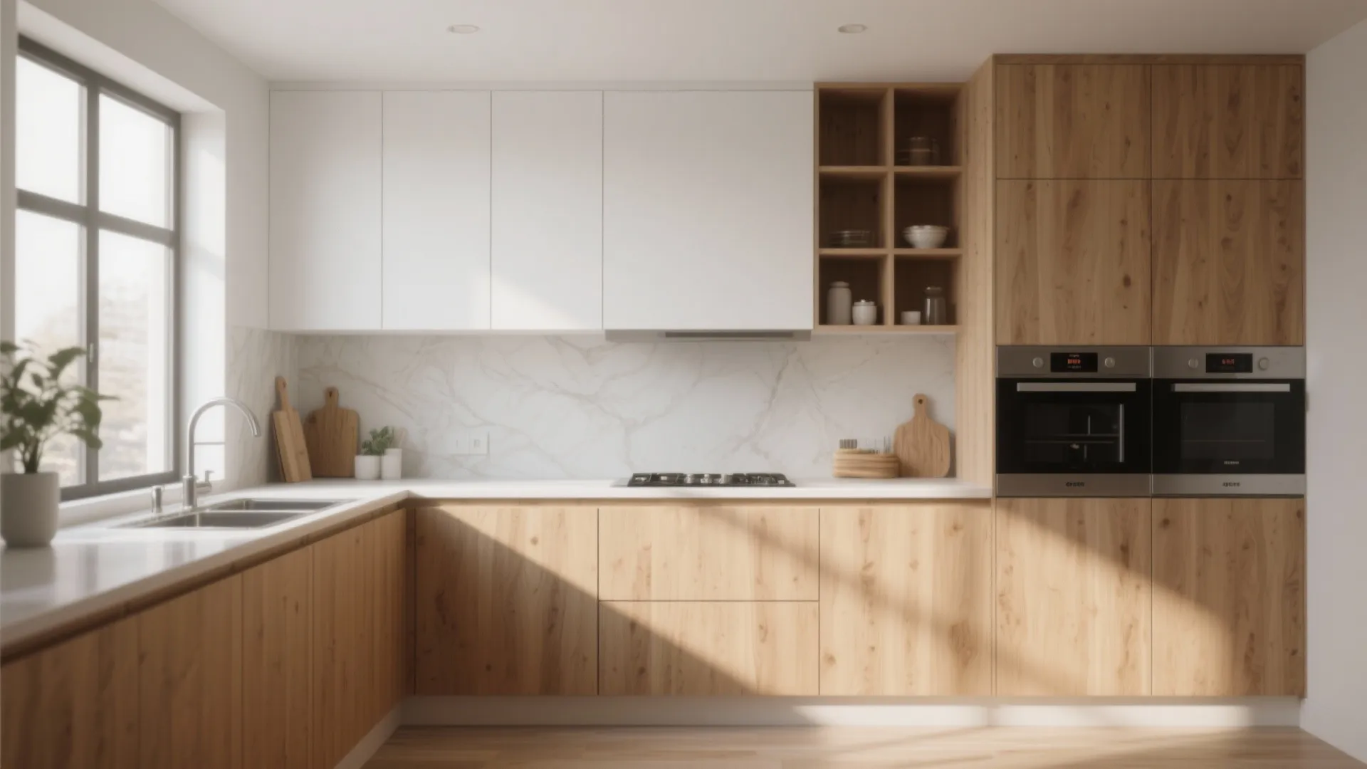 4. Two-Tone Cabinets: White Upper, Wood Lower