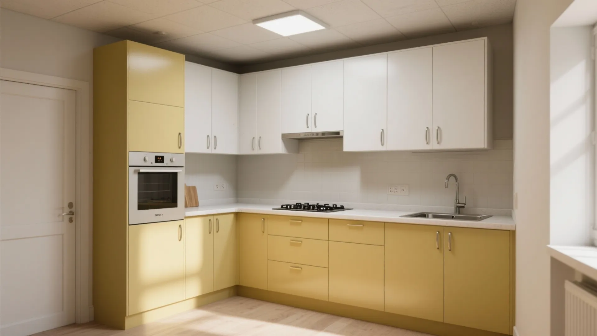 3. Two-Tone Cabinets: Yellow Base, White Upper