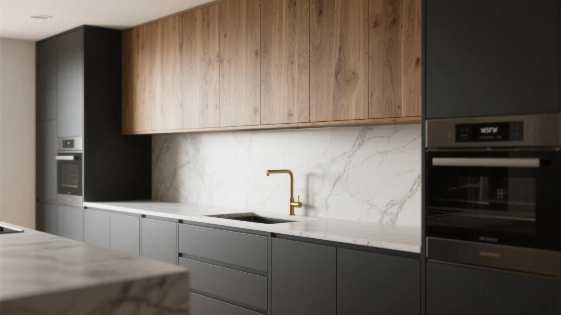 1. Two-tone cabinets: Deep grey base, warm wood uppers