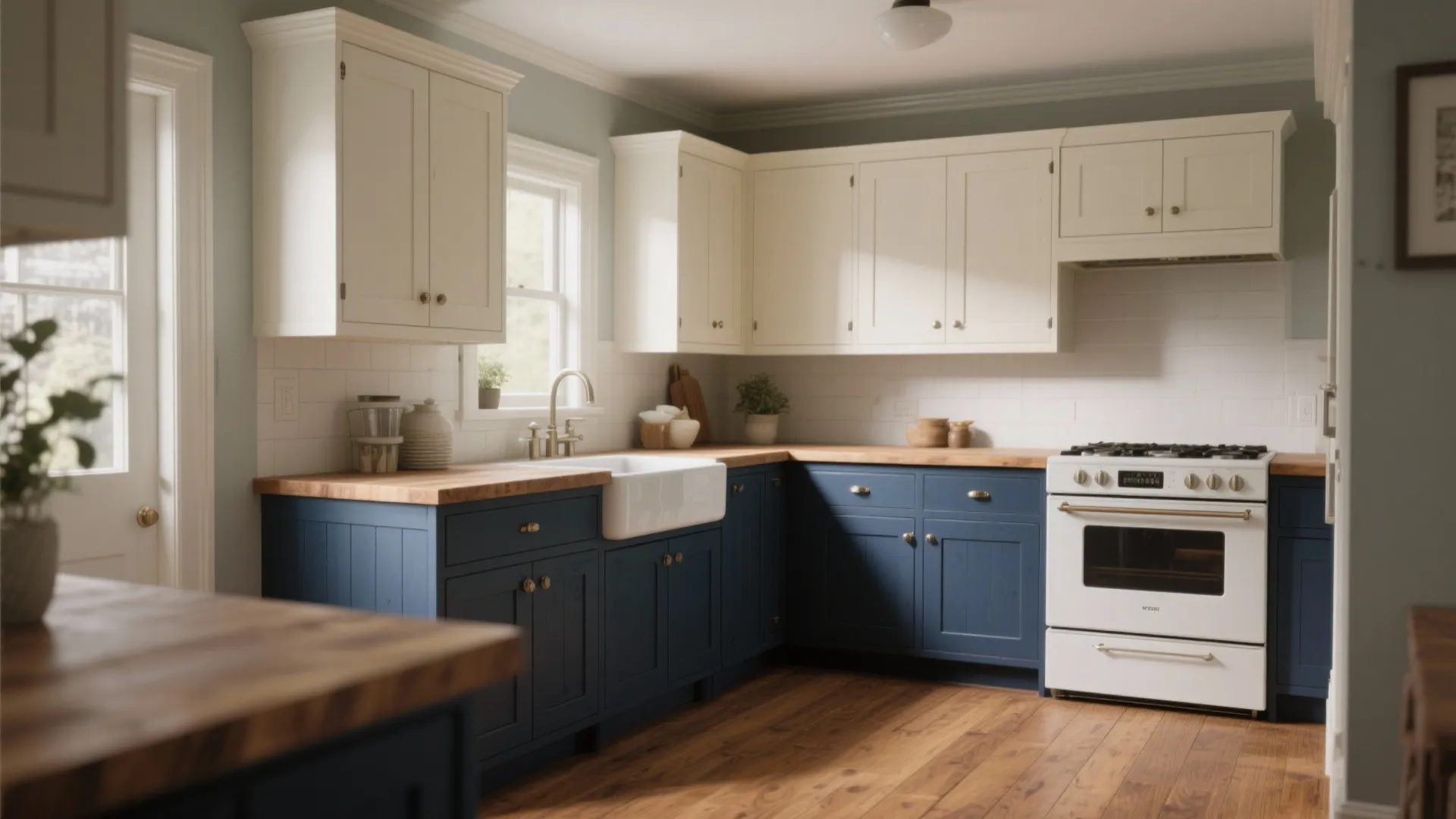 Modern kitchen with white upper cabinets blue lower cabinets wood countertops and white stove oven unit
