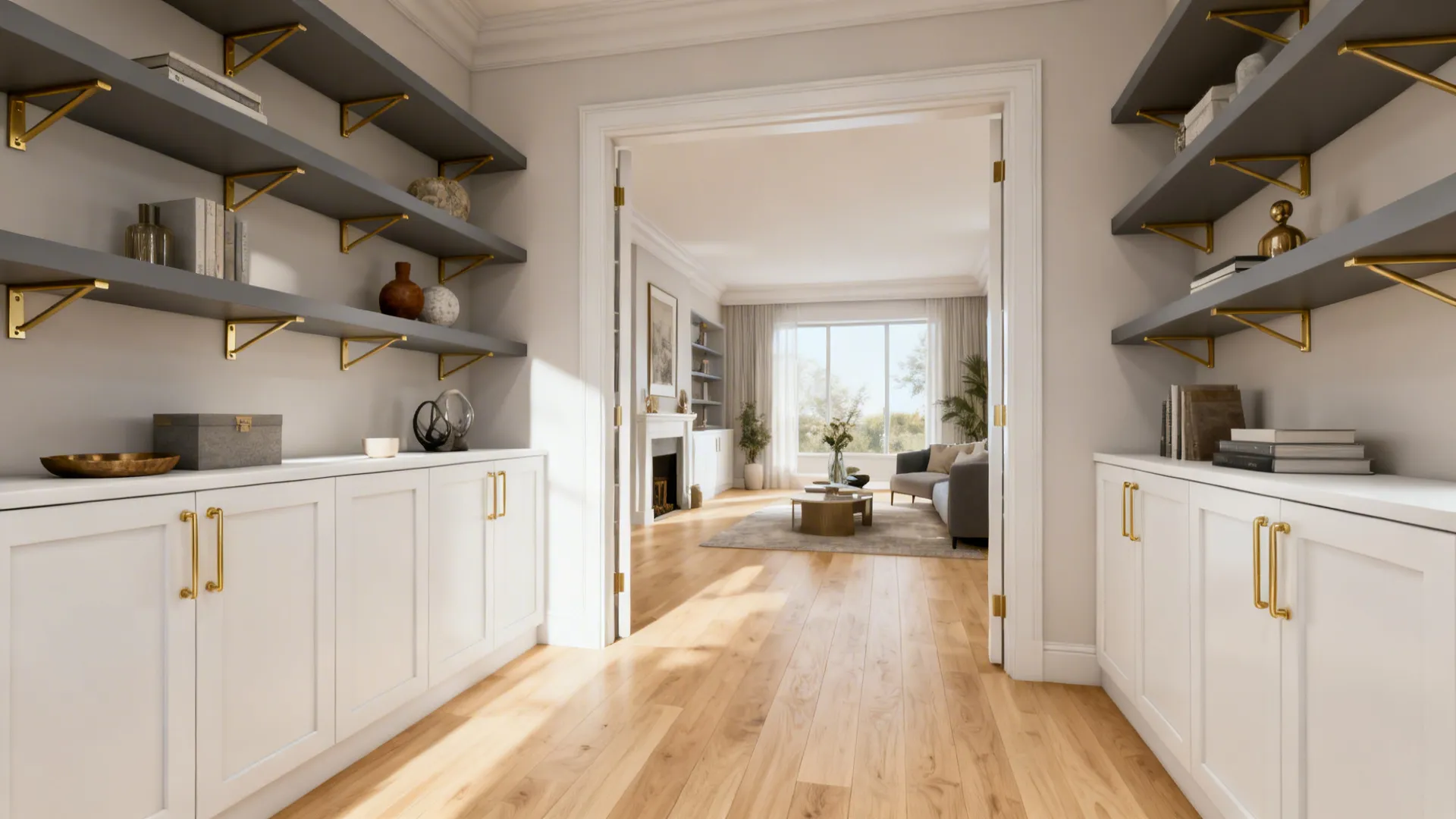 Two-tone cabinets with white lowers, gray floating shelves and gold handles in a compact layout