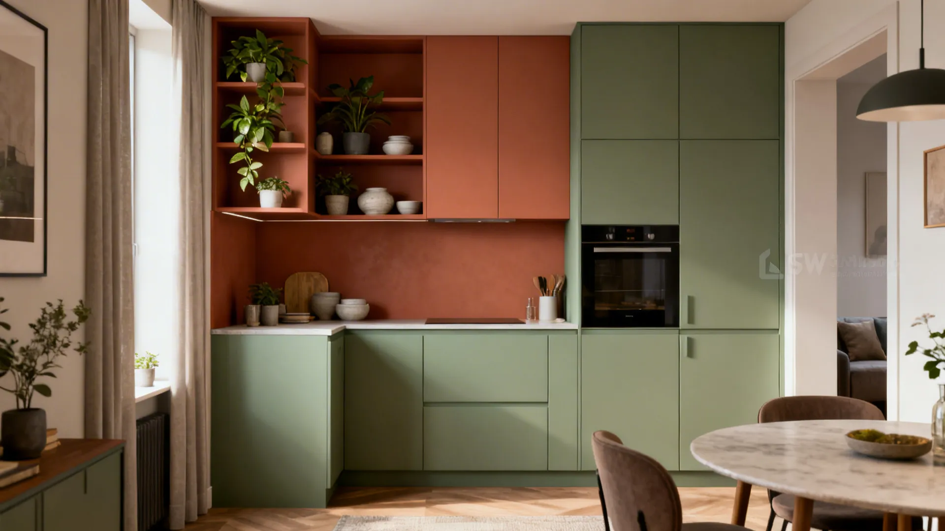Modern kitchen with green lower cabinets and orange upper shelves featuring indoor plants and table