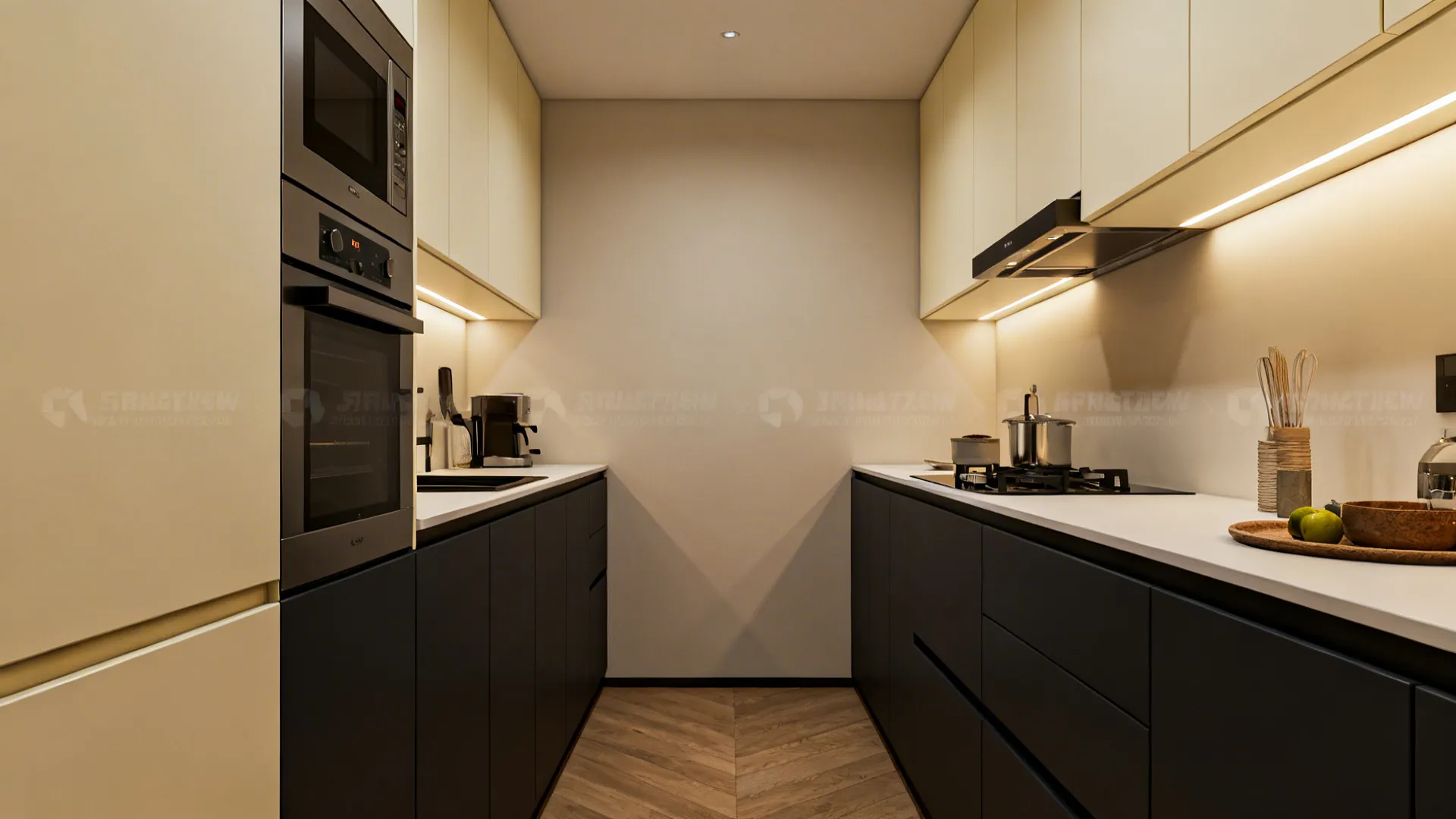 Compact kitchen with dark lower cabinets and light upper cabinets creating depth.