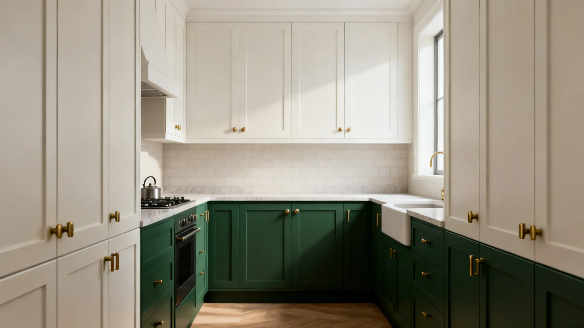 Small kitchen with soft white upper cabinets and deep green lower cabinets under soft daylight.