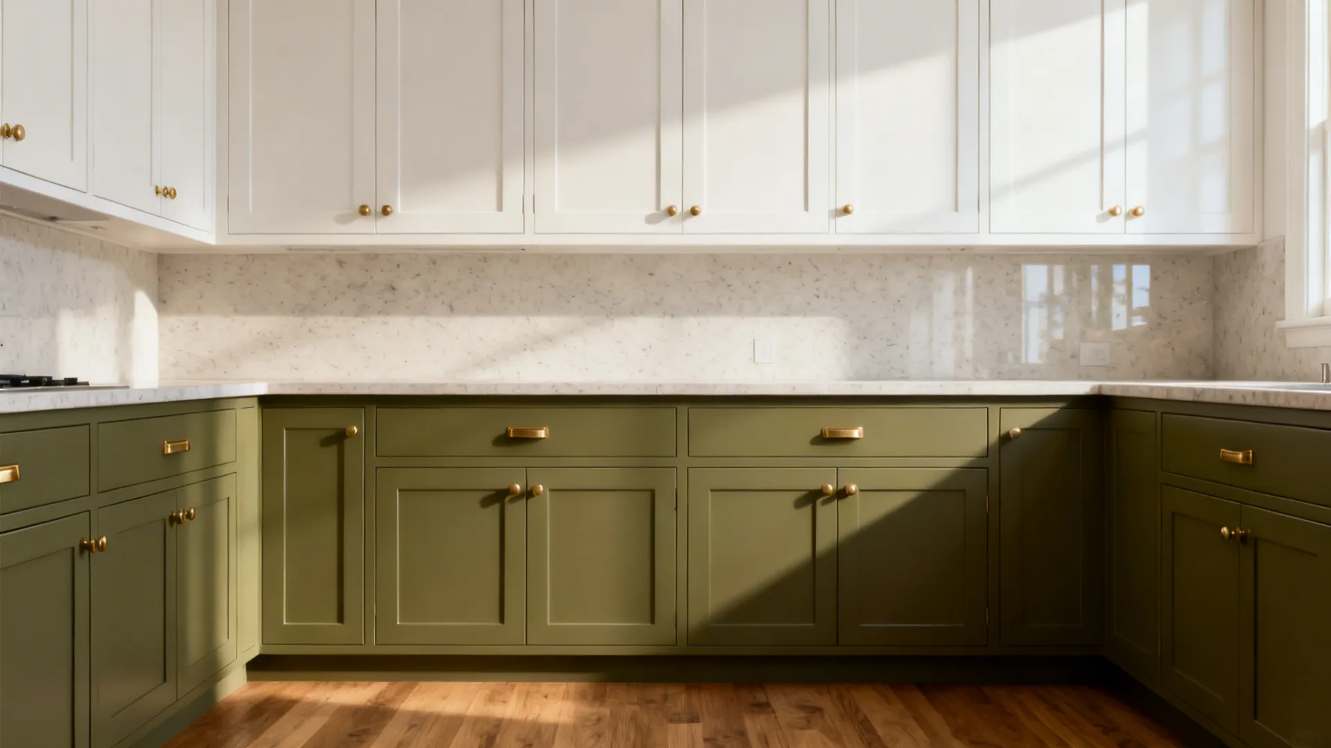 Two-tone kitchen with warm white uppers and muted olive lowers that visually lift the ceiling.