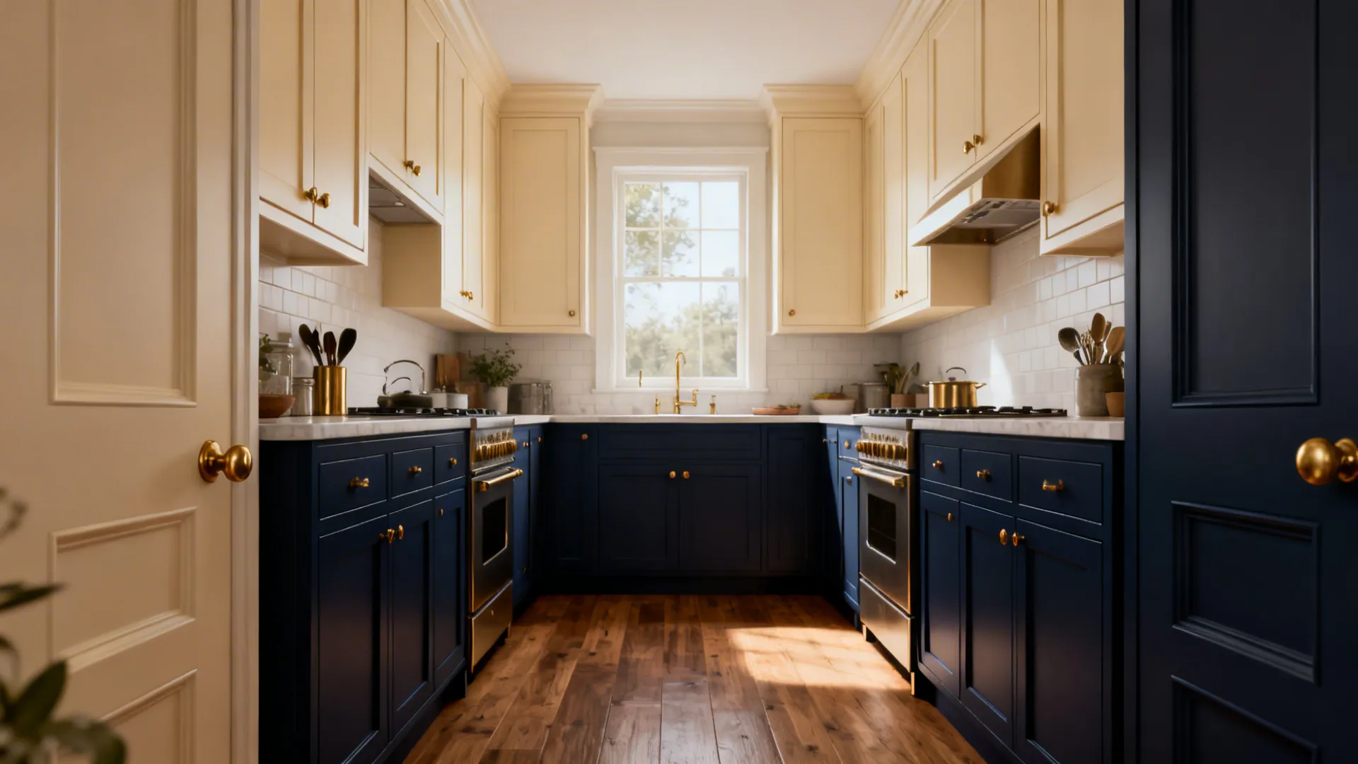 Narrow kitchen with cream upper and navy lower cabinets creating visual height and depth