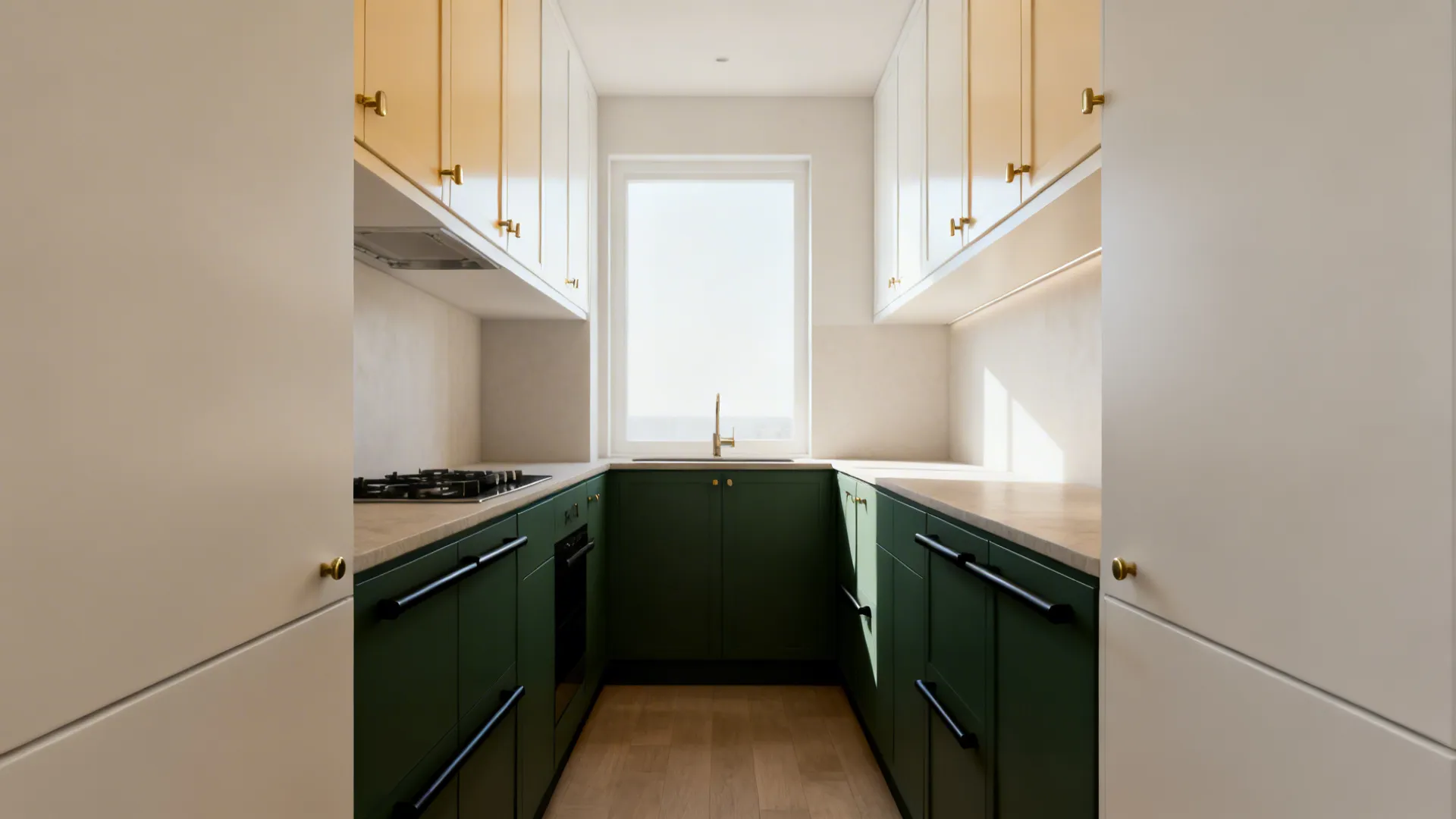 Small corridor kitchen with deep green lower cabinets and warm white uppers creating a two-tone look.