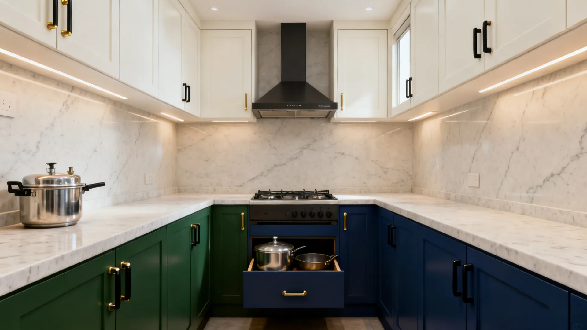 Small galley kitchen with dark green base cabinets and off-white uppers for airy balance.