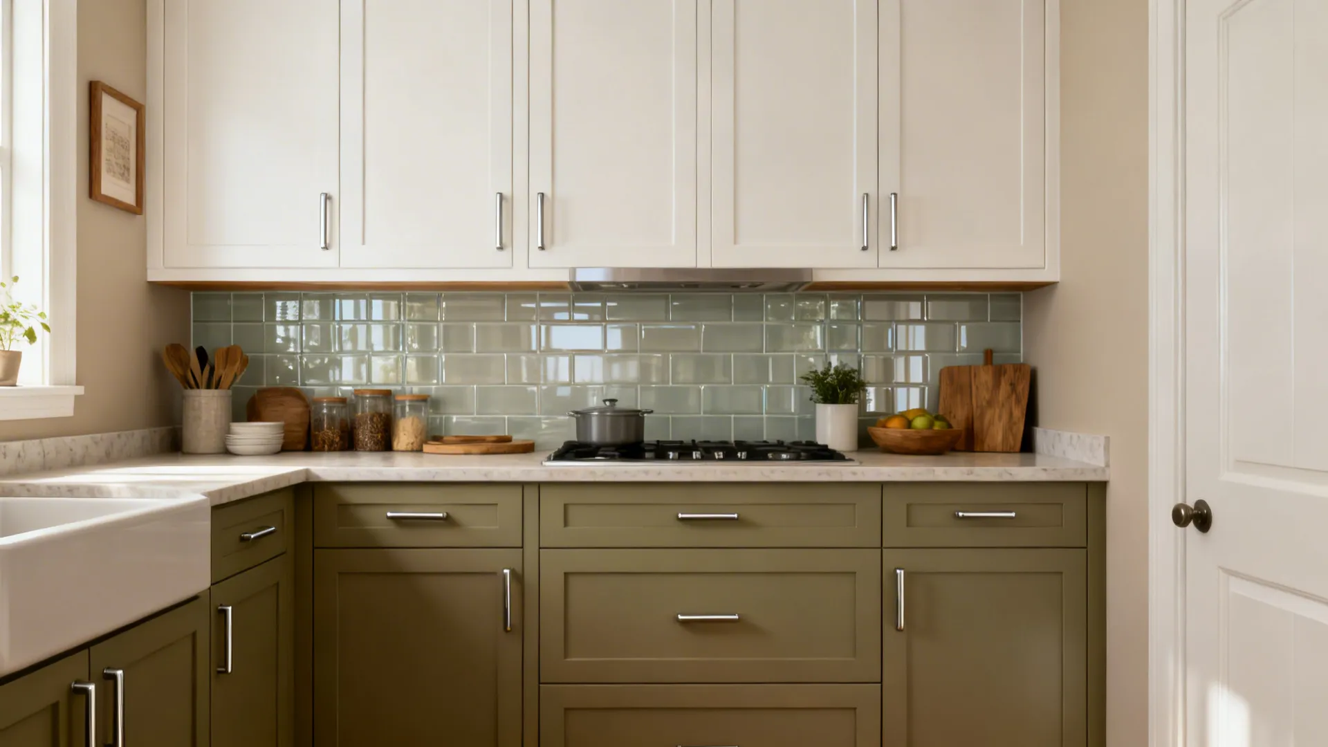 Two-tone kitchen cabinets with warm white uppers and sage lowers create a custom look.