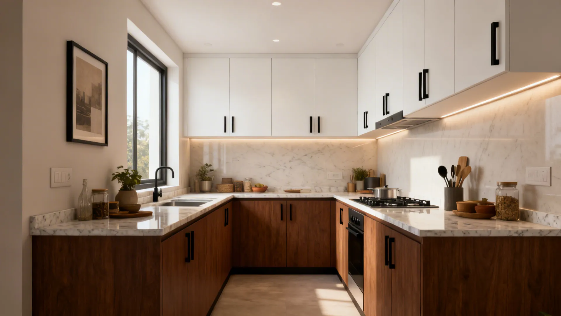Two-tone Indian kitchen with warm white uppers and walnut-look lowers in a compact galley.