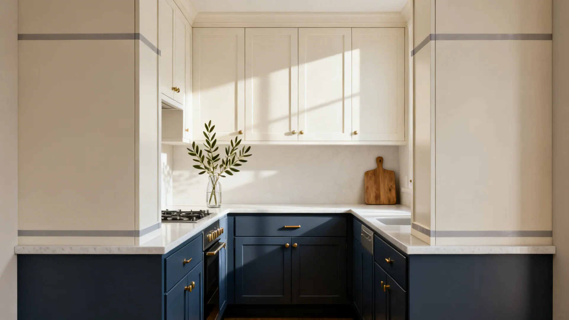 Small galley kitchen with warm off-white uppers and deep blue-gray lowers for a light, grounded two-tone look.