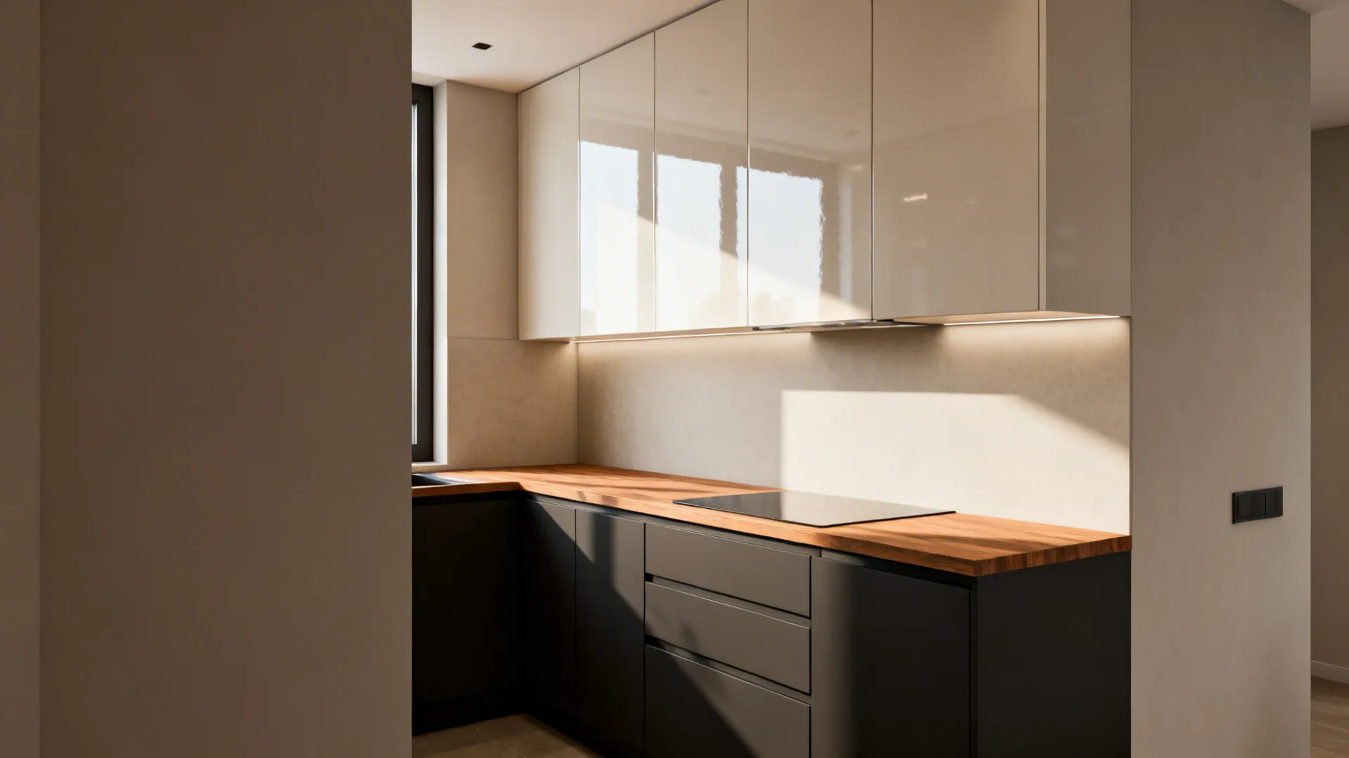 Two-tone kitchen with dark lower cabinets and reflective light upper cabinets making the space feel taller