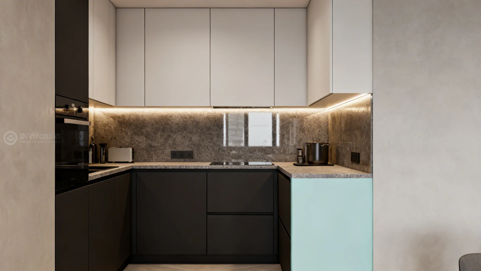 Small kitchen with dark lower cabinets and light upper cabinets creating depth