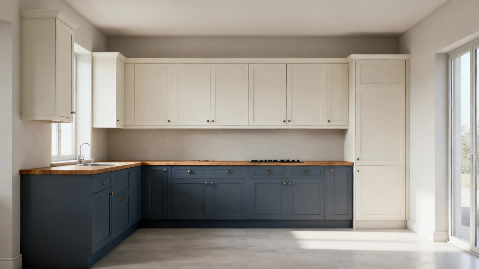 Two-tone kitchen with light uppers and darker lowers creating depth in a small space