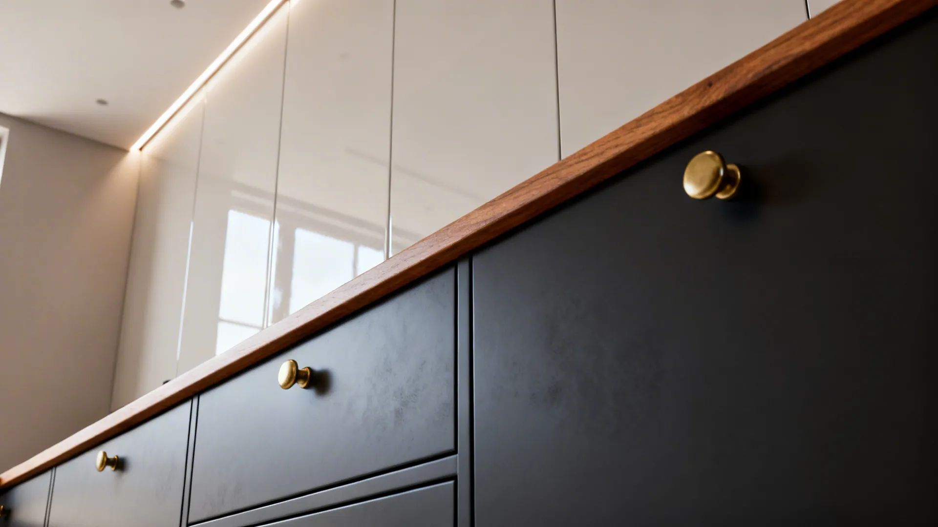 Close-up of dark lower cabinets and glossy light upper cabinets reflecting light