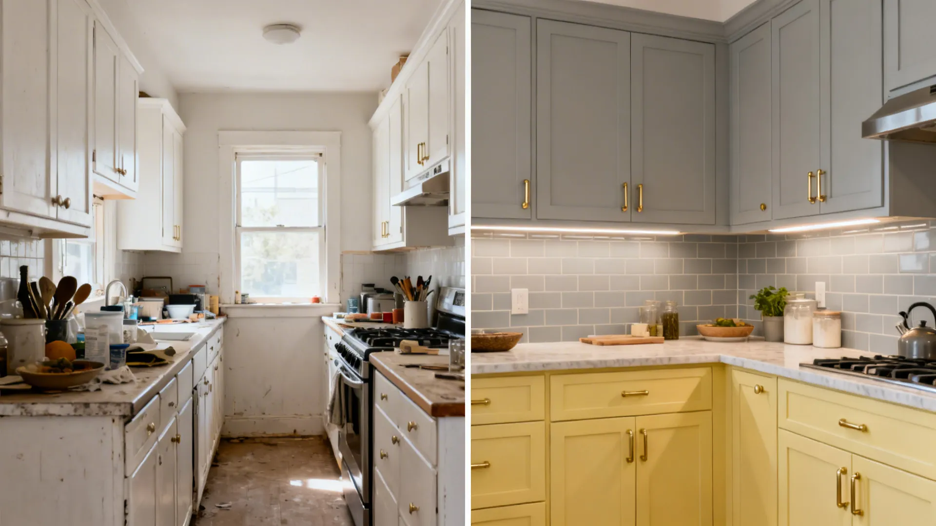 Split view showing a galley kitchen before and after two-tone gray and yellow cabinets.