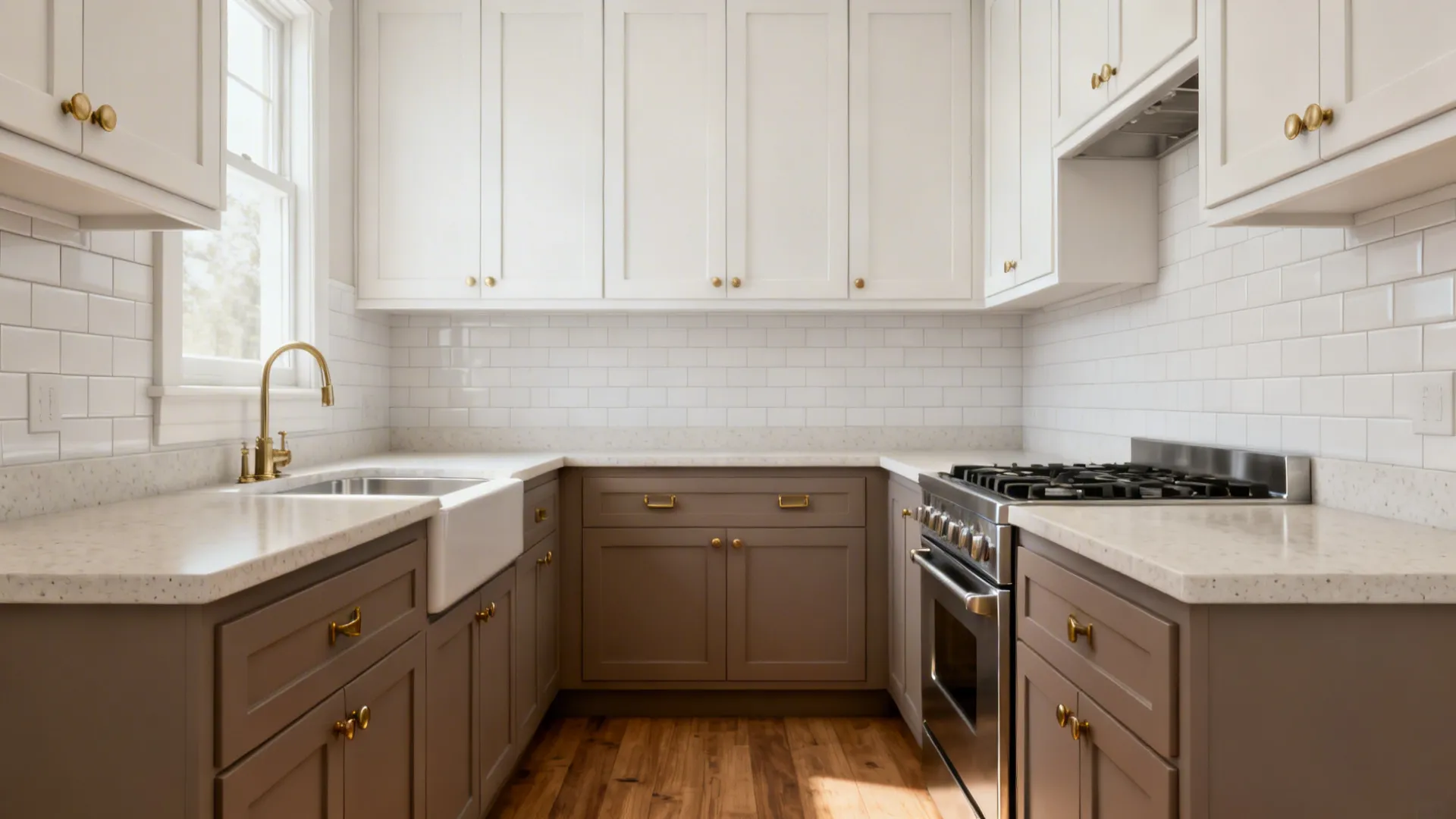 Small galley kitchen with soft white uppers and clay-gray lower cabinets under soft daylight.