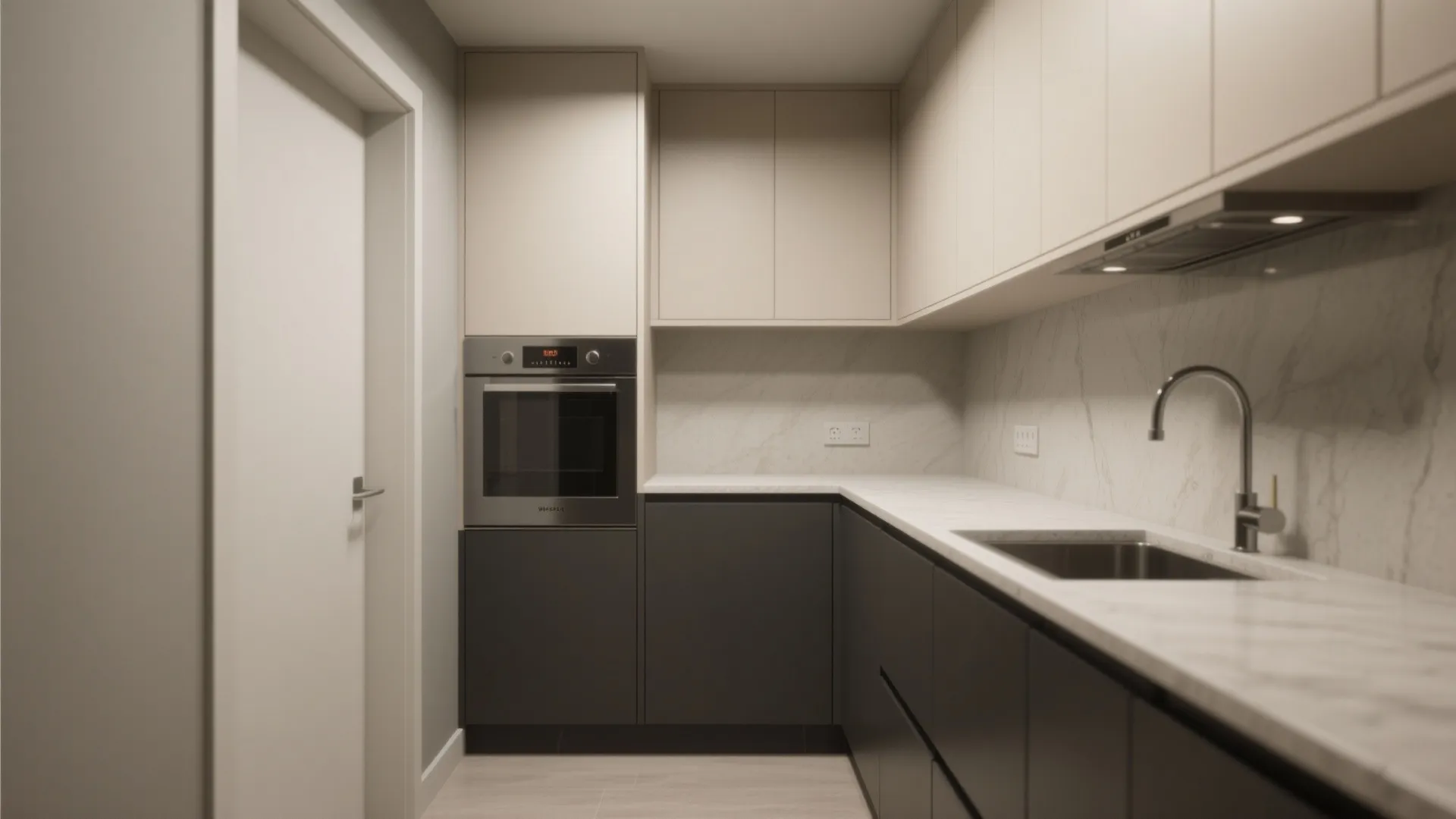 Modern narrow kitchen with dark lower cabinets light upper cabinets marble backsplash and silver oven