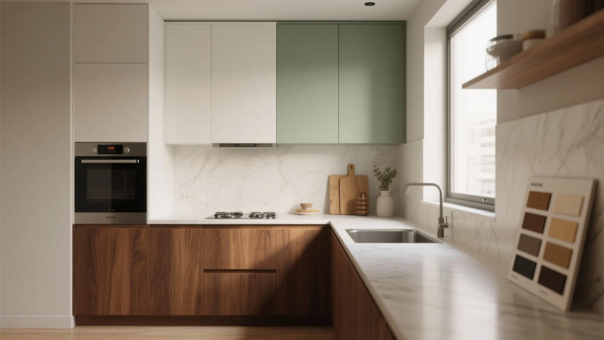 Modern kitchen with white and green wall cabinets wood base units white marble kitchen counters
