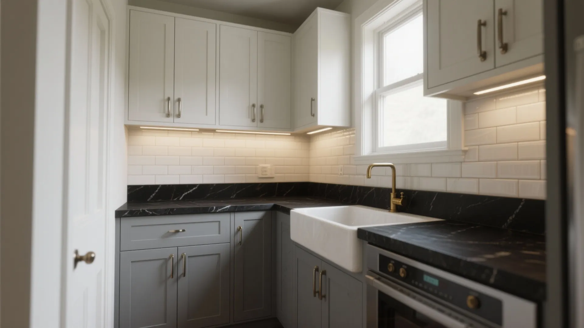 Two-tone kitchen with ash-gray lowers, light uppers, and matte black countertops under soft daylight.