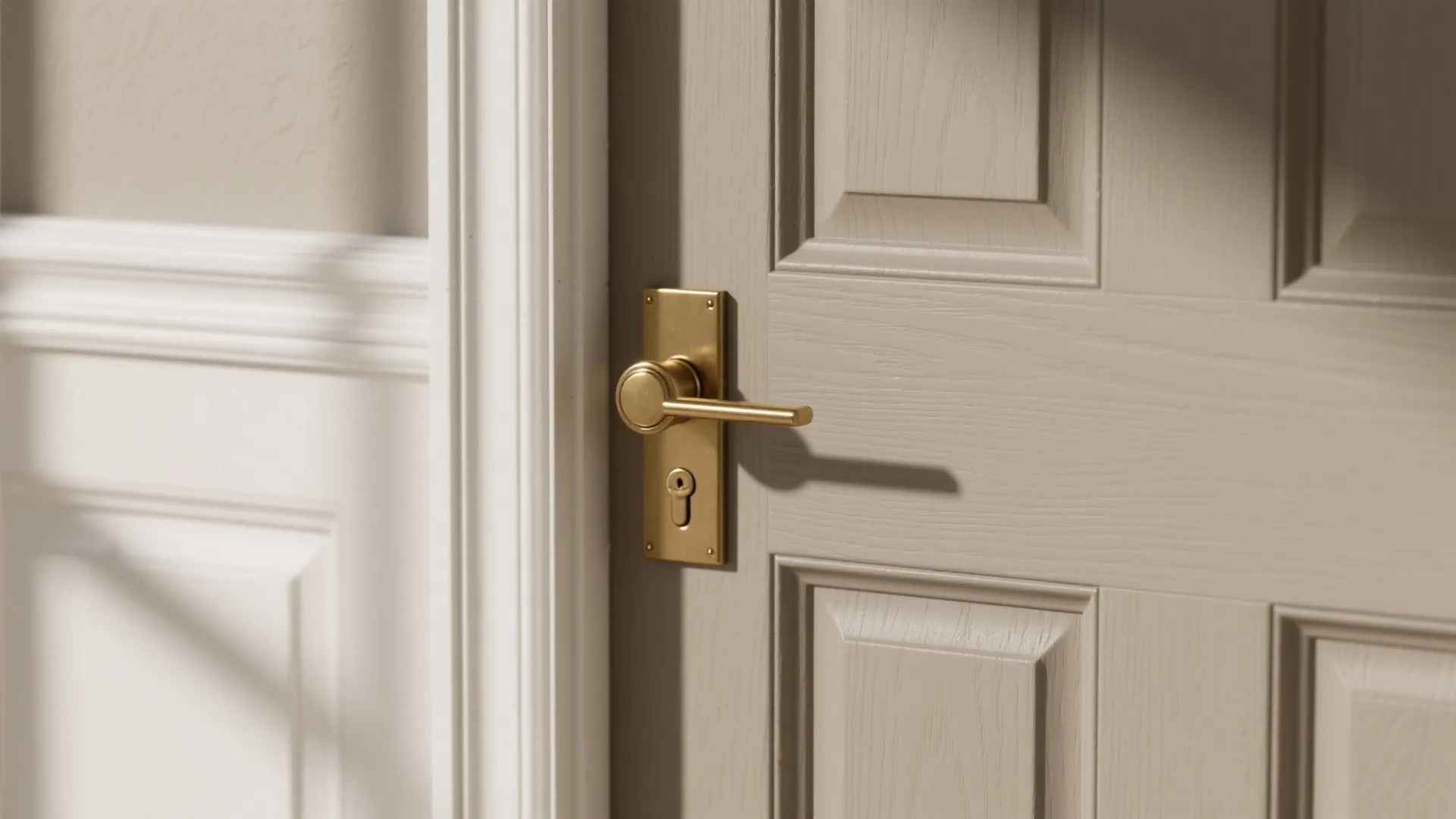 Close up of a gold handle on a beige door next to white wall panels