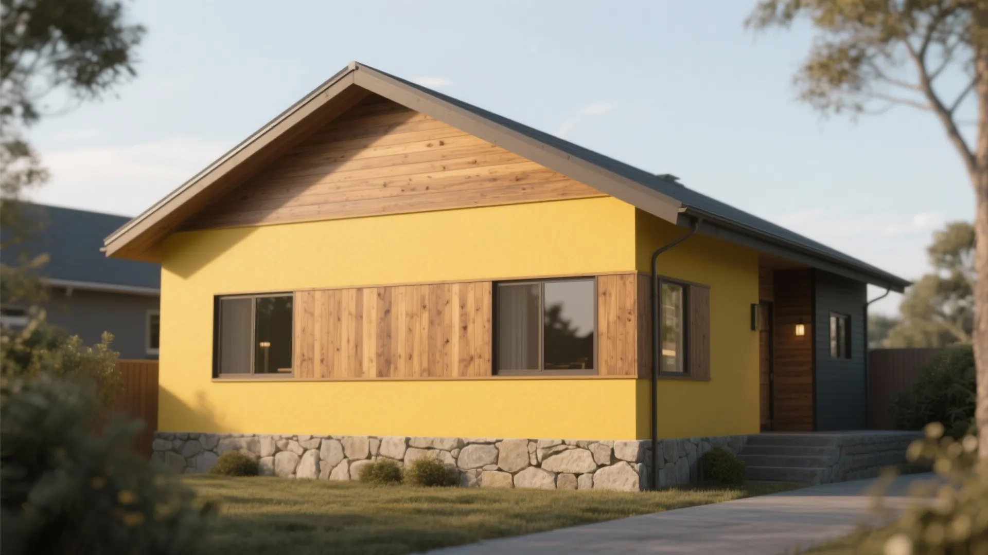 Modern yellow house with wood wall panels stone foundation and grass yard under clear sky