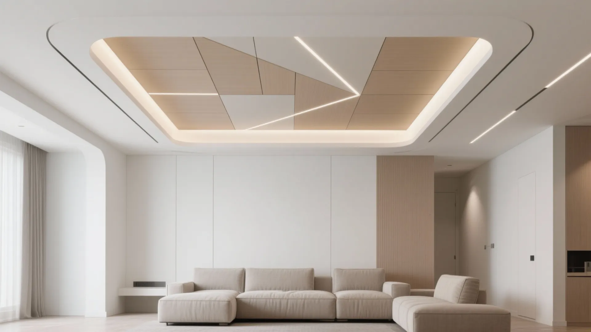 Modern living room featuring beige sofa white wall and decorative wood panel ceiling strip lights