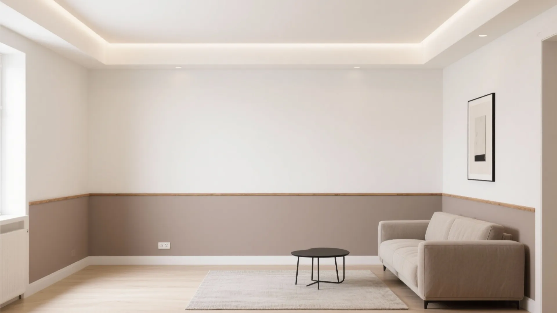 Modern living room with two-tone walls a beige sofa black coffee table and recessed light