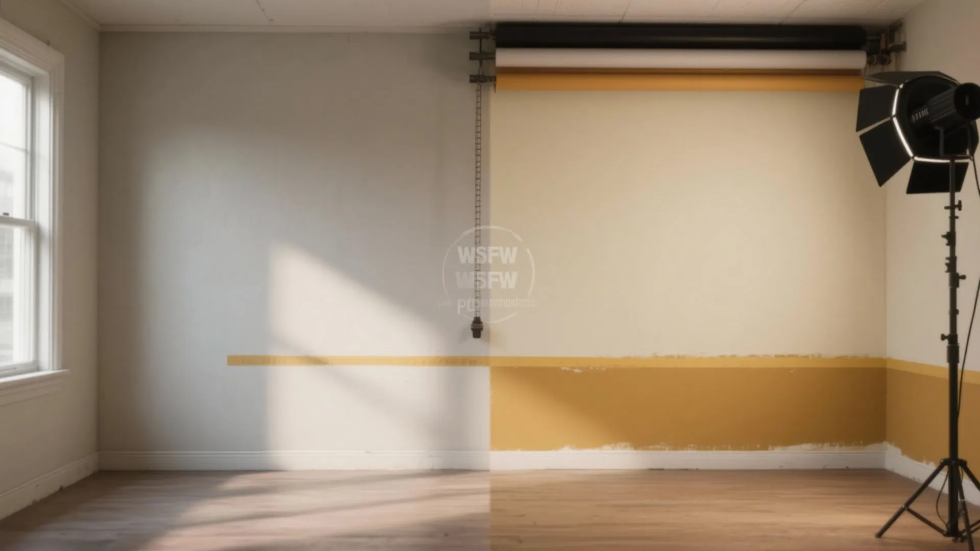 Photo studio room with white and yellow painted walls plus professional photography lights and background rolls