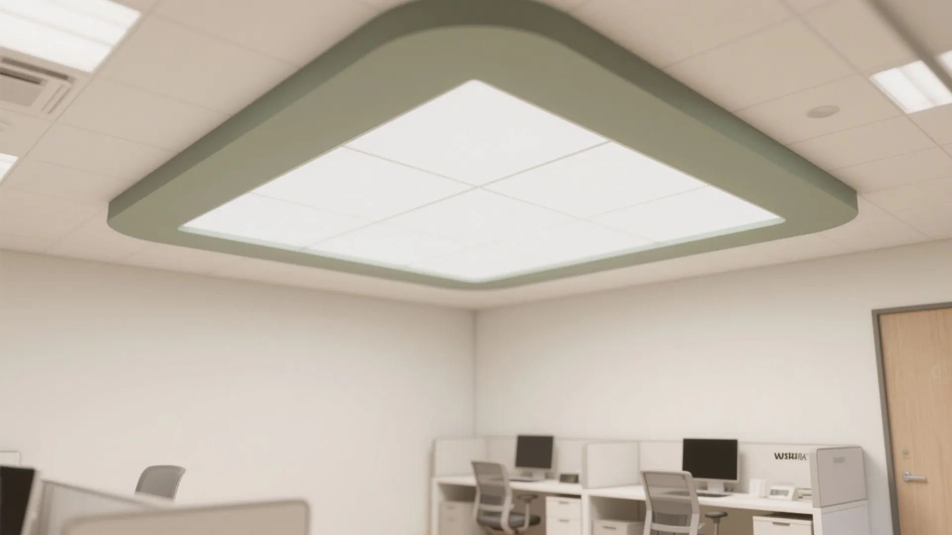 Office workspace with a large square white ceiling light and green frame above white desks