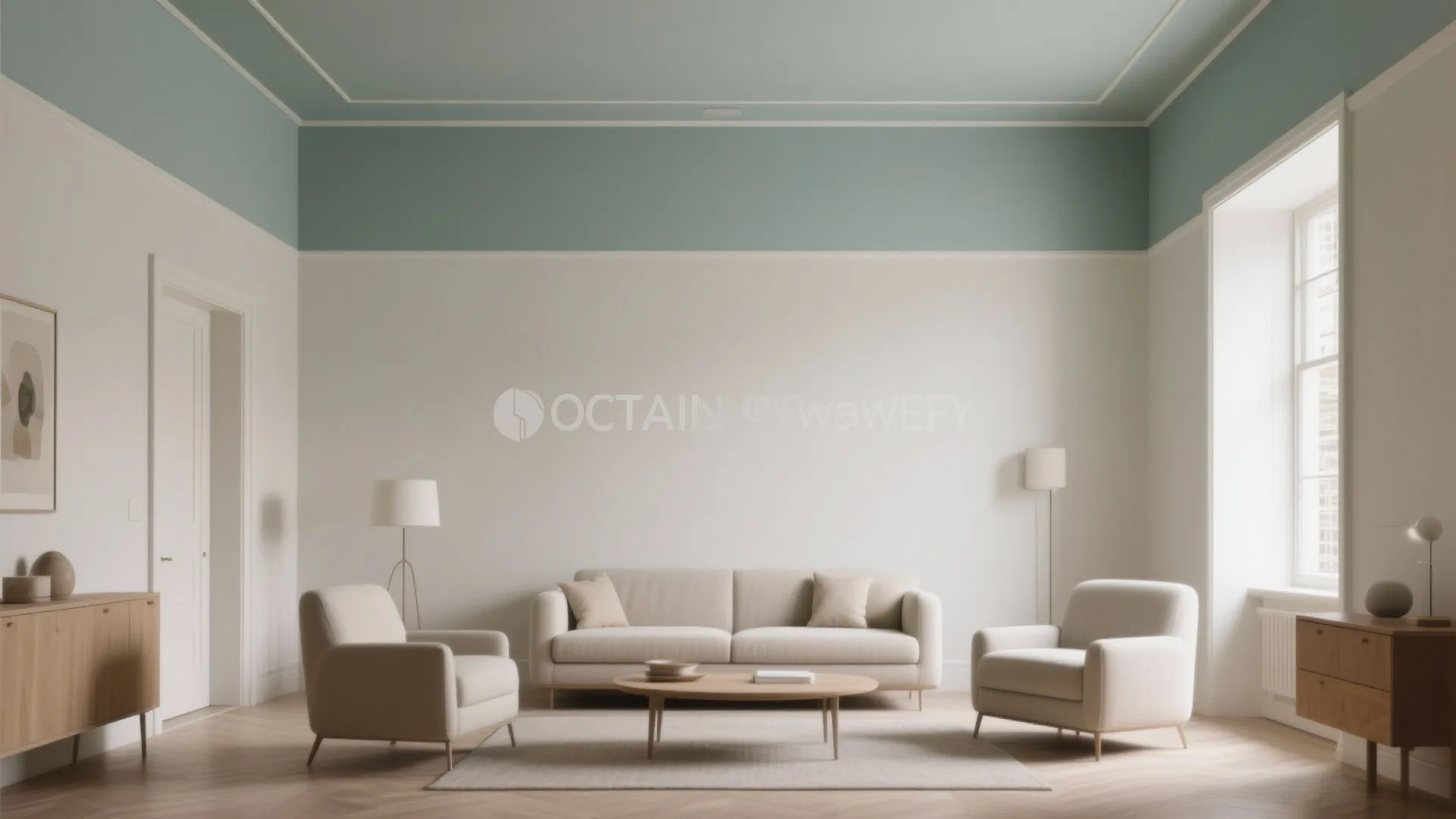 Minimalist living room with green ceiling and white walls featuring beige sofa and wood furniture
