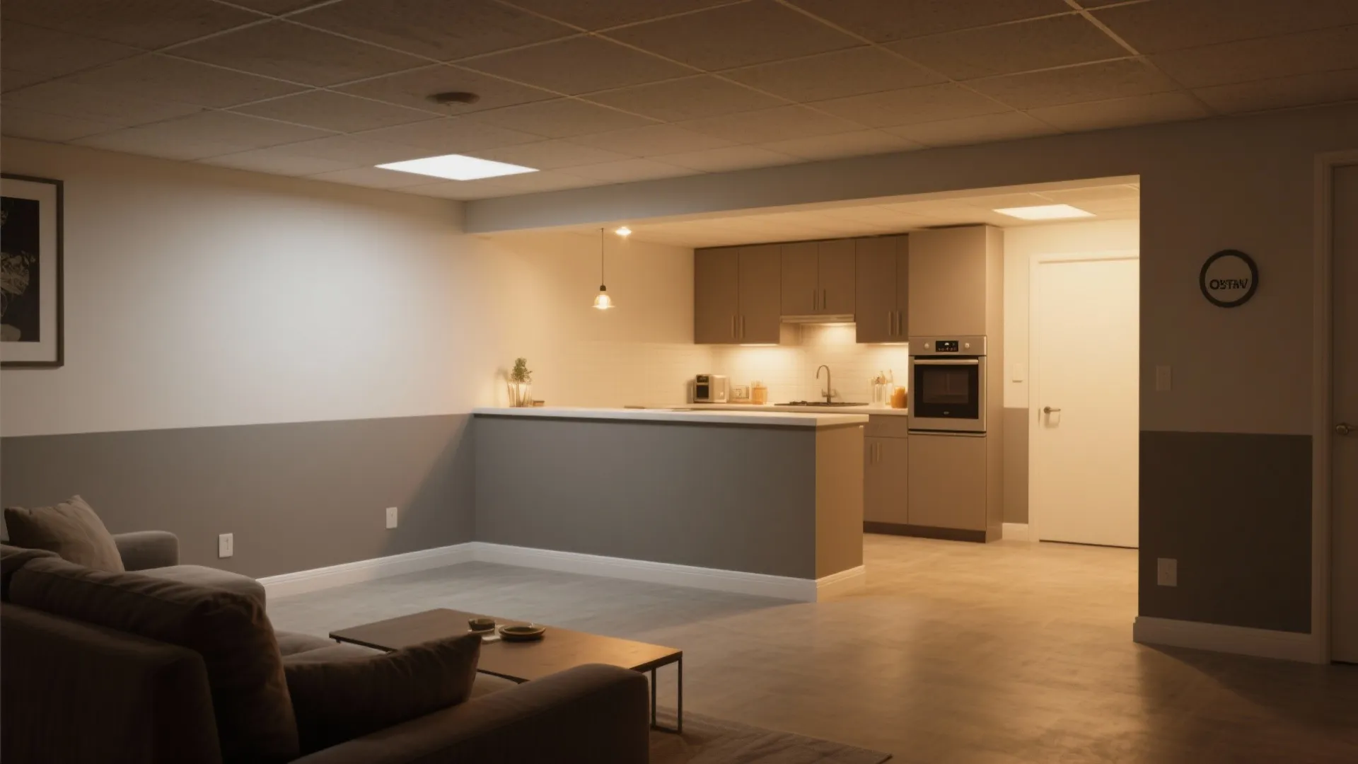 Open plan basement living area with two tone walls kitchen counter brown sofa and table