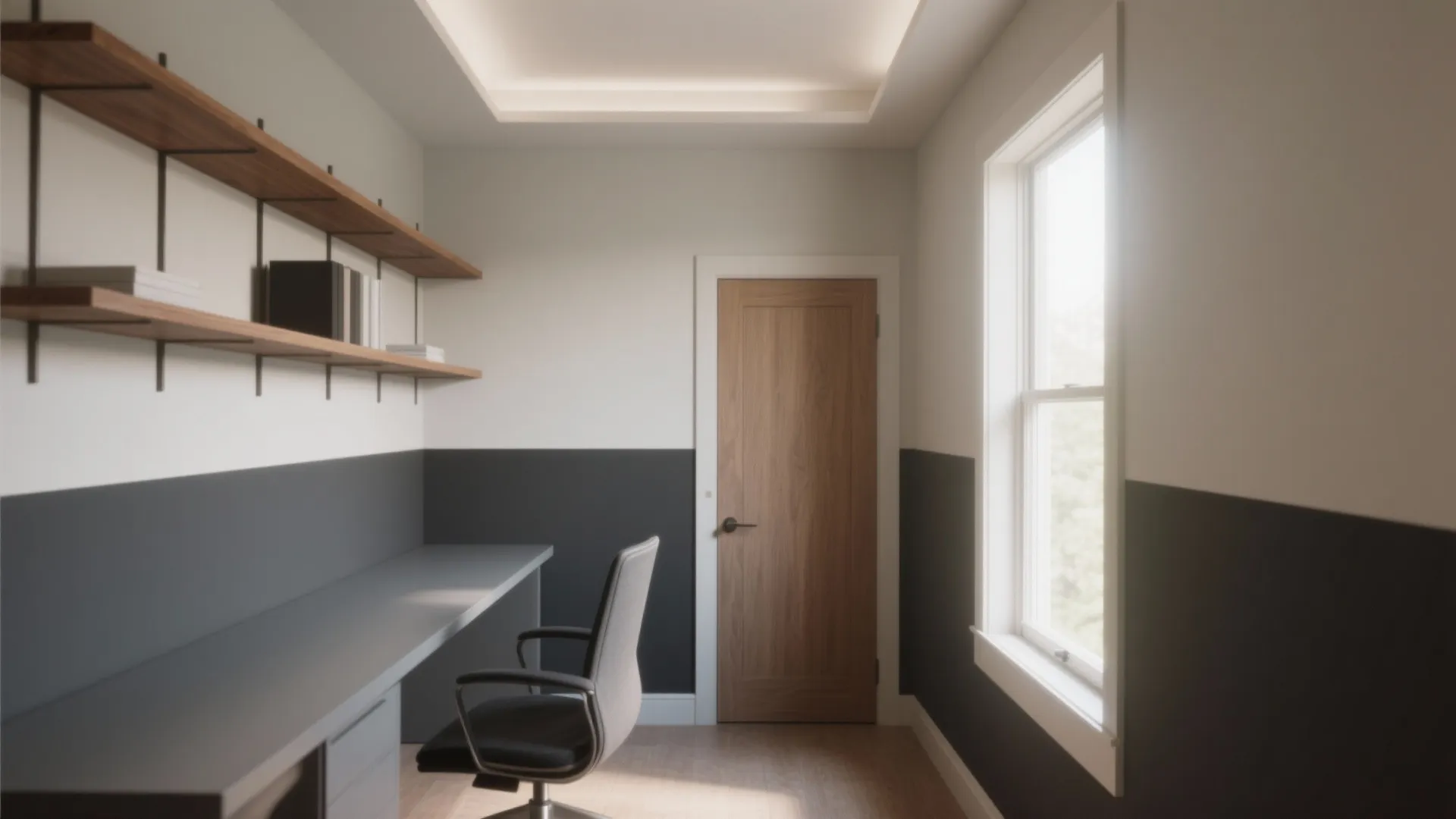 Minimalist study room with two-tone grey wall and wooden door plus shelves and desk chair
