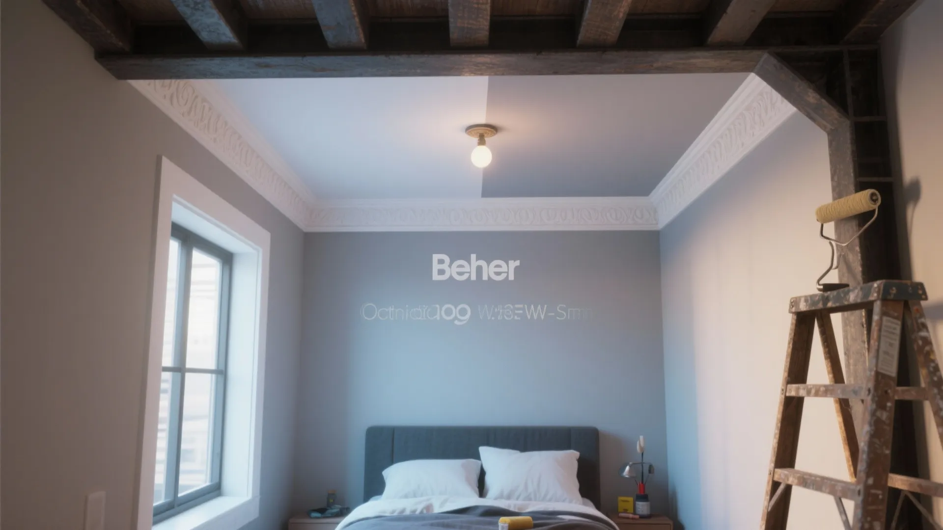 Bedroom with two tone ceiling paint white wall panels ladder and small window in room