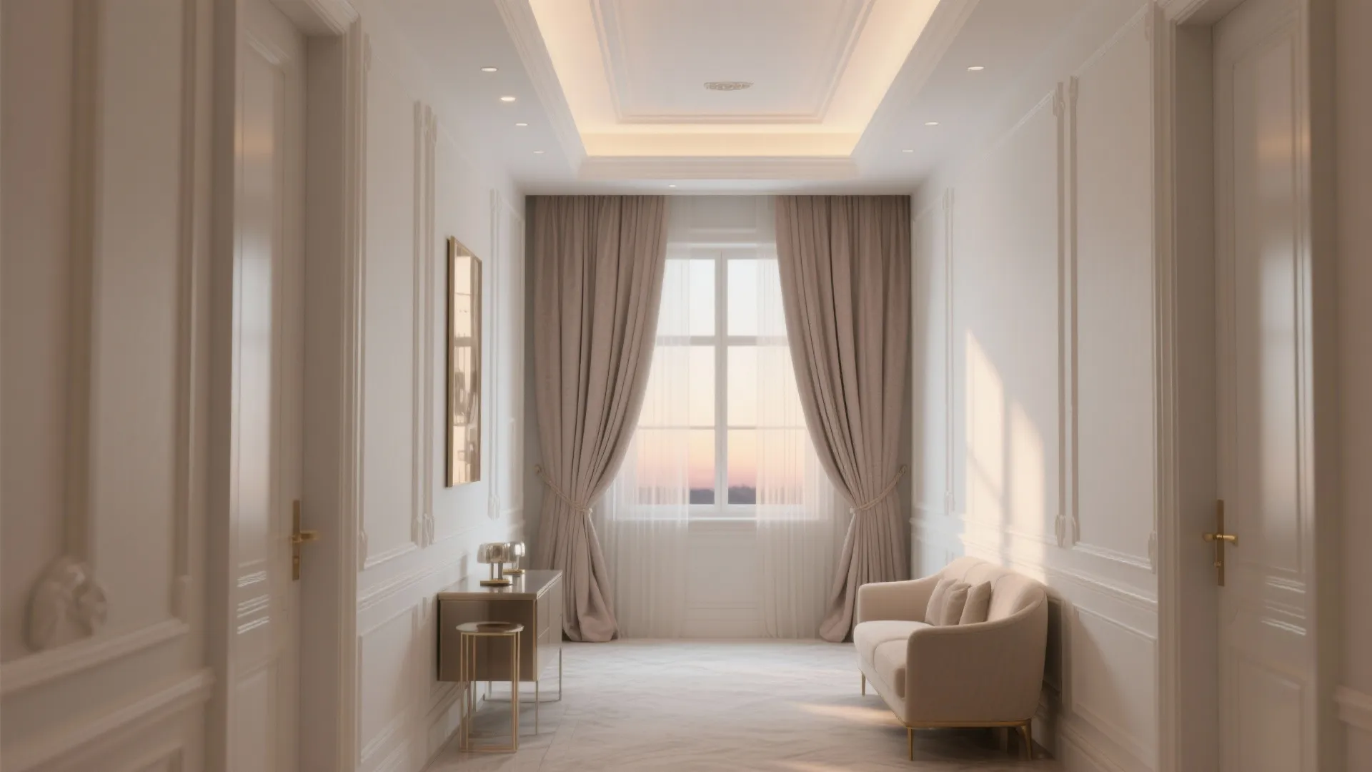 Elegant white hallway with wall panels cream sofa cabinet window curtains and warm ceiling lights
