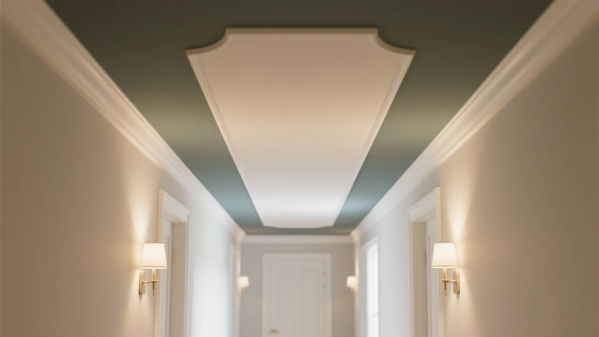 Elegant hallway with two tone green and white ceiling and four gold wall light fixtures
