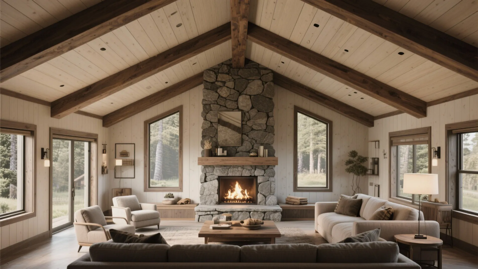 Rustic living room with stone fireplace wooden ceiling beams cream sofa armchairs and large outdoor windows