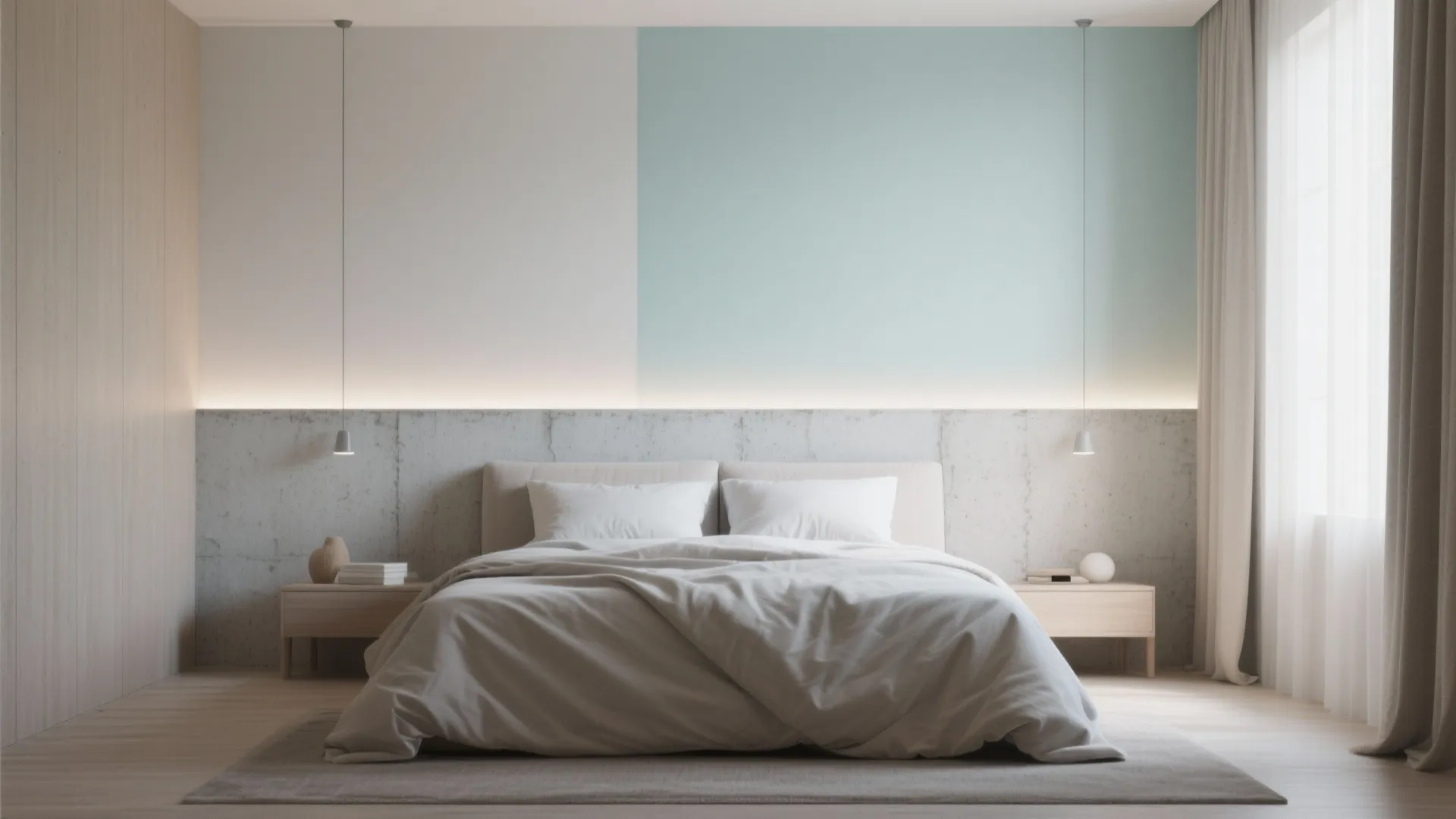 Minimalist bedroom featuring two tone blue and white walls wooden floor large bed and curtain