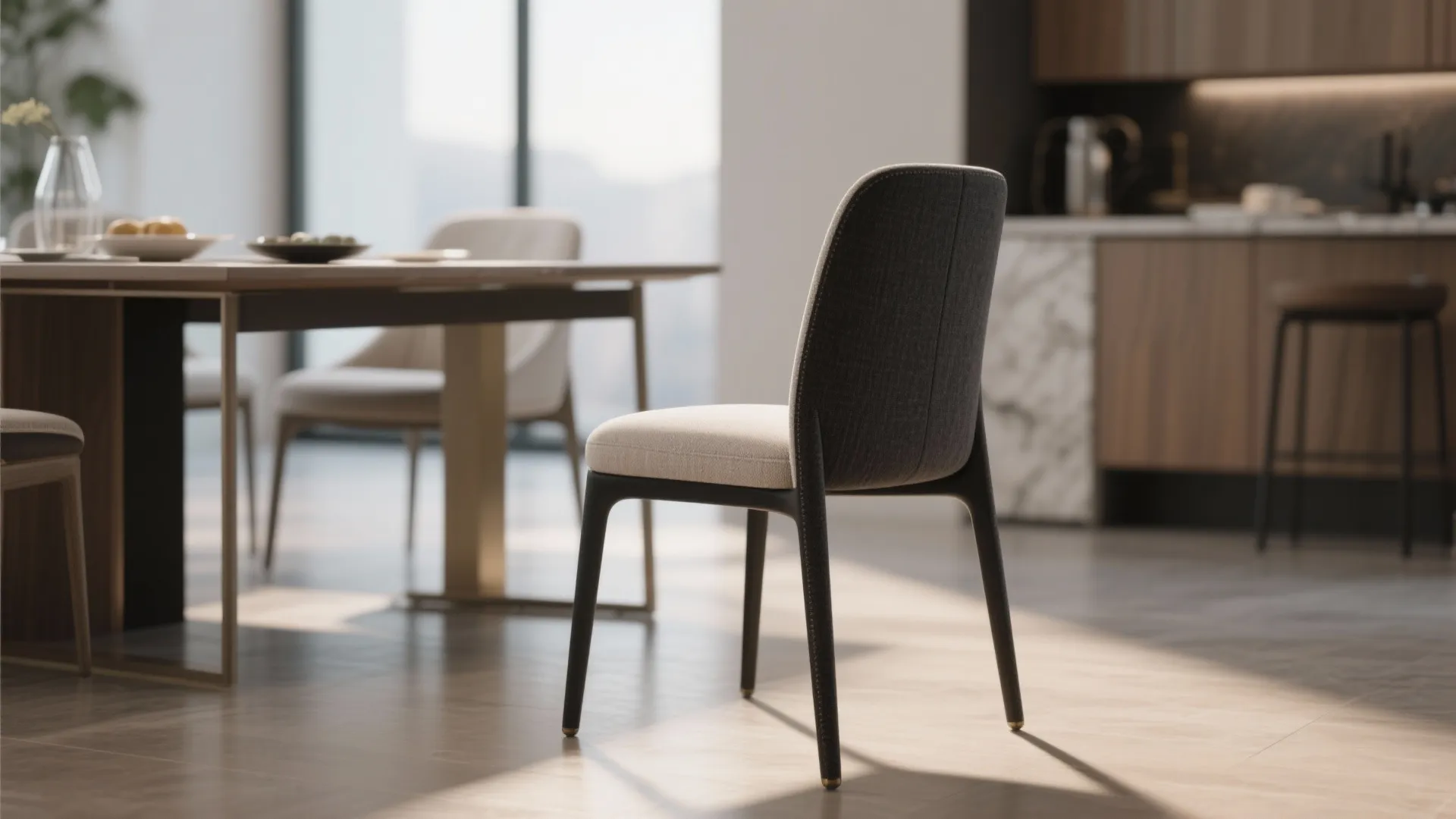 Modern dining room featuring a two-tone grey and beige chair next to a wooden table