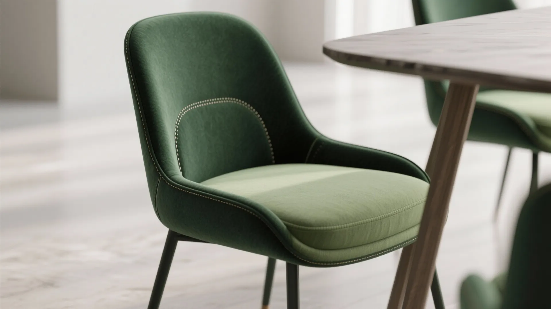Two-tone green dining chair with darker back and lighter seat showing seam detail