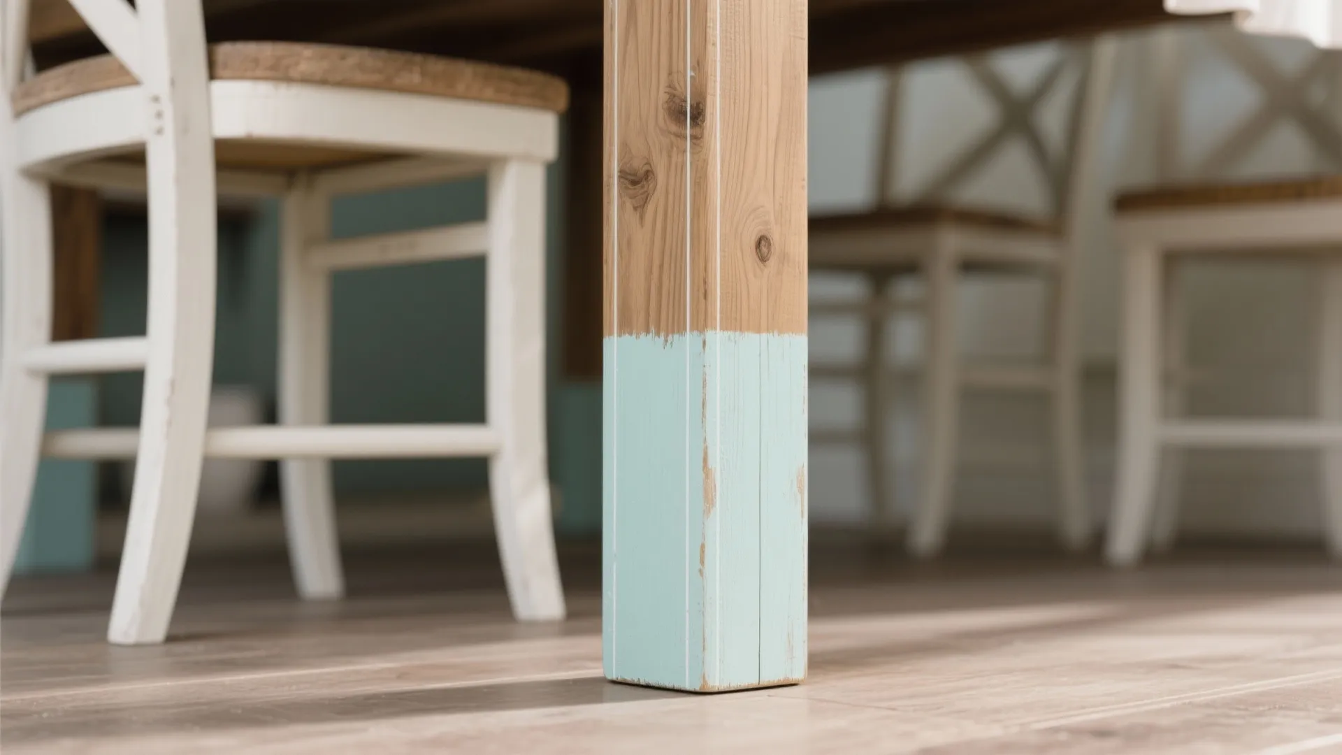 Close-up of dining chair legs with two-tone pastel paint