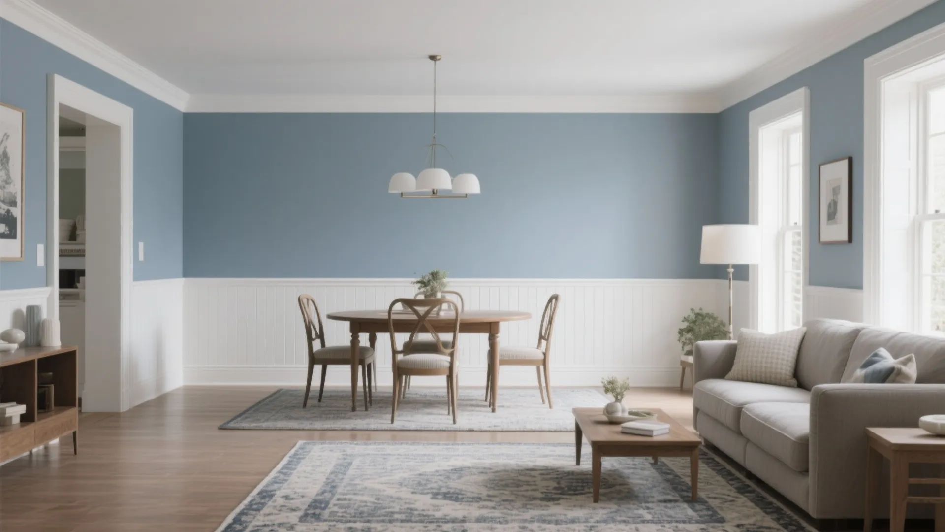 Open plan dining area with blue upper walls white wall panels wooden table and sofa