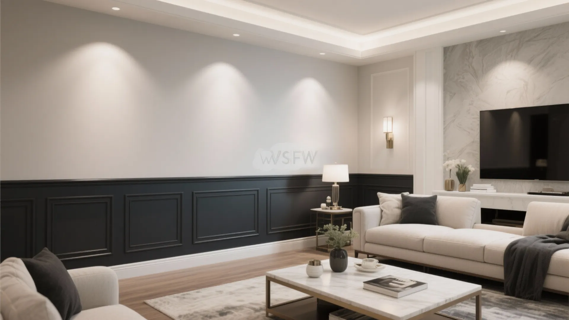 Living room with blue wall panel white walls white sofa and a marble coffee table