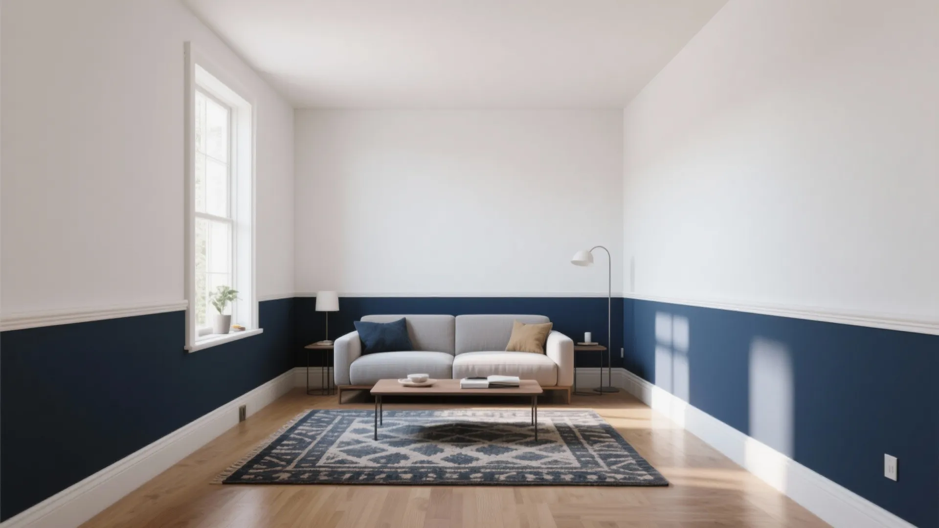 Living room with grey sofa wooden coffee table blue and white wall panel and patterned rug