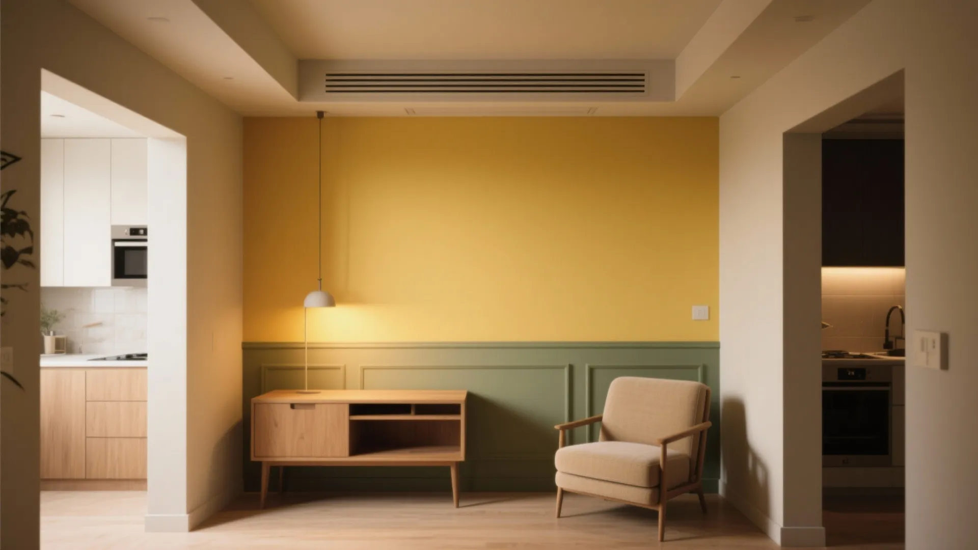 Modern room featuring yellow upper wall green wall panel wooden cabinet and beige arm chair