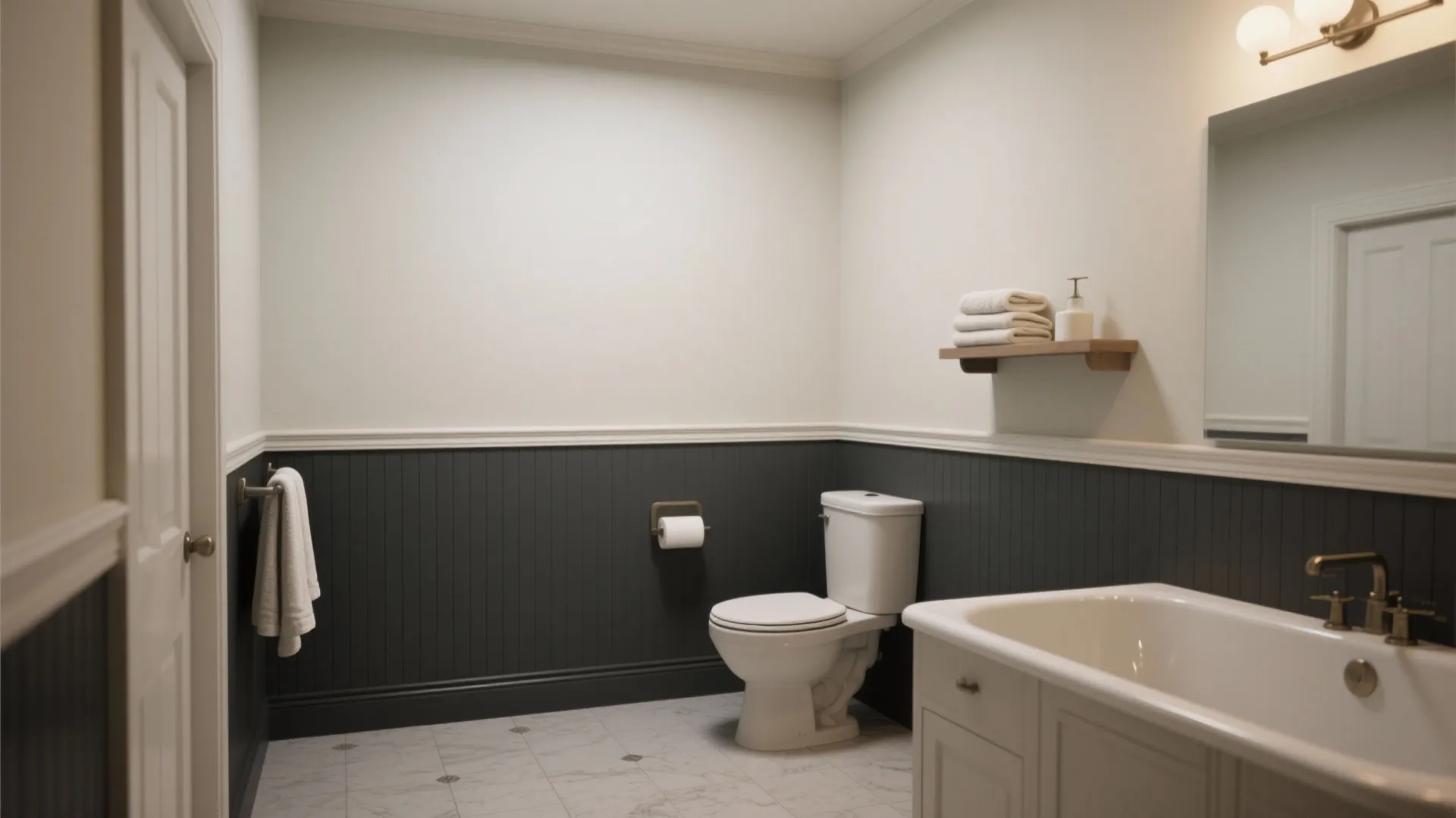 Traditional bathroom with dark grey wall panels white toilet sink and white marble tile floor